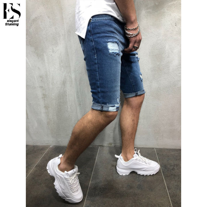 Elegantstunning Men Denim Shorts Summer Slim Fit Casual Cropped Pants Middle Waist Straight Sports Cargo Jeans For Beach