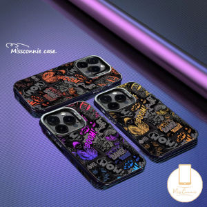 Bilashmart Trendy Brand Cool Comic Boy Soft Case Compatible for IPhone 11 7Plus Air 17 16 13 14 11 15 12 Pro Max 7 8 14 Plus XR X XS Max SE 2020 Luxury Plating Metal Lens Graffiti English Label Cover