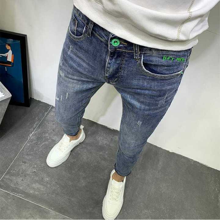 Spring Autumn Men's Luxury Clothing Slim Blue Ripped Embroidery