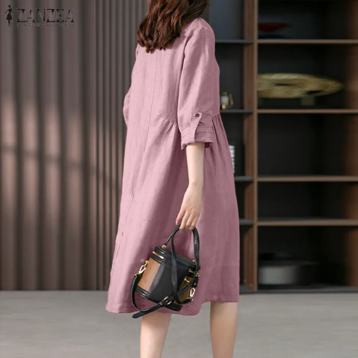 ZANZEA%20Women's%20Vintage%20Button%20Up%20Solid%20Midi%20Dresses%20Commute%20Leisure%20Lapel%20Shirtdress%20#8%20-%20Image%202