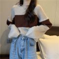 2021 Short Autumn and Winter Color-Block Crew Neck Sweater Women's Loose and Lazy Style All-Matching Striped Long Sleeve Pullover Sweater Fashion. 