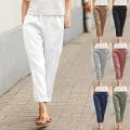 Ladies Large Pocket Solid Color Comfortable Cotton Linen Casual Pants Straight Leg Pants Women. 
