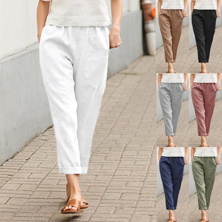 Ladies Large Pocket Solid Color Comfortable Cotton Linen Casual Pants Straight Leg Pants Women