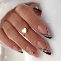24Pcs Artificial False Nails with Almond Design Black Diagonal Line French Nails Stiletto Wearable Nail Art Tips Press On.