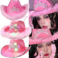 Pink West Cowgirl Hat for Women Girls Tiara Feather Felt Western Sequin Cowboy Cap Costume Party Dress Jazz Caps Cosplay Props.