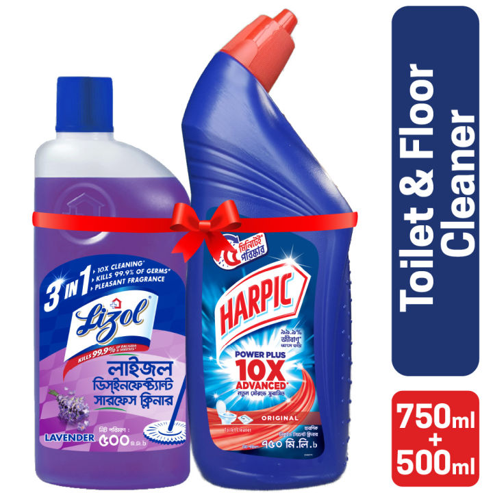 Harpic Lizol Double Protection- 750ml Toilet Cleaner & 500ml Lavender Surface Cleaner Combo
