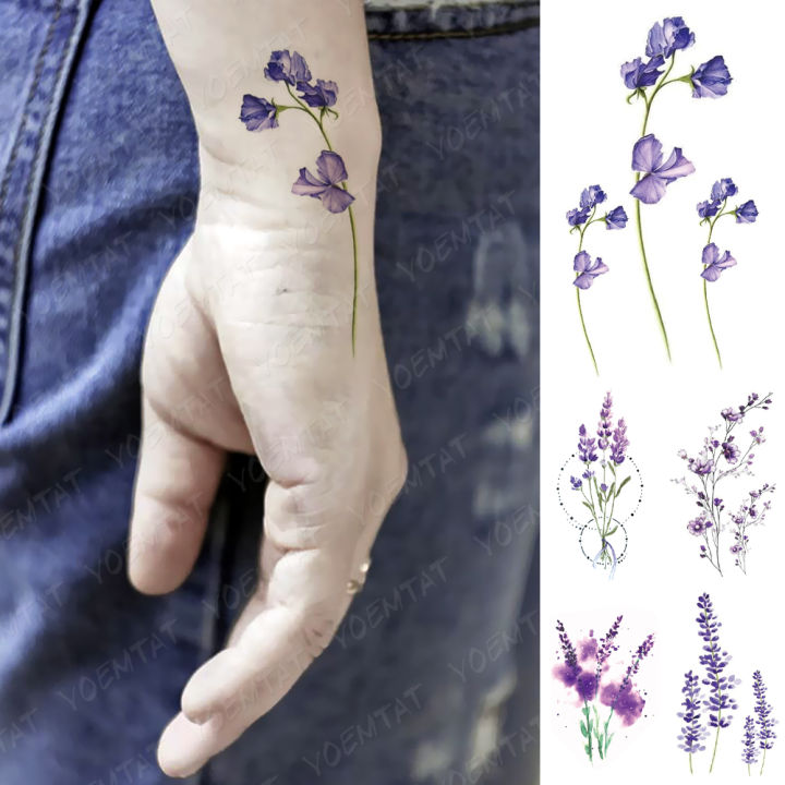 Waterproof Temporary Tattoo Sticker Watercolor Flowers Plants Flash Tatoo Purple Lavender Wrist Fake Tatto For Body Art Women