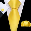 Fashion Orange Yellow Men Tie Luxury Silk Plaid High Quality Pocket Square Cufflinks Sets Groom Wedding Gifts Barry.Wang 6484. 