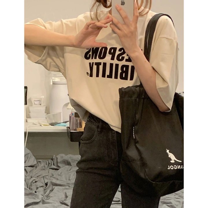 Pure%20Cotton%20American%20Vintage%20Letter%20Print%20Short%20Sleeve%20T%20T-shirt%20Women's%20Summer%20New%20Loose%20Leisure%20All-Matching%20Half%20Sleeve%20Shirt%20Fashion%20-%20Image%203