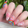 24Pcs Pink French False Nails Rainbow Cloud Design Full Cover Nail Tips Summer Long Almond Nails Almond Press on Nails.