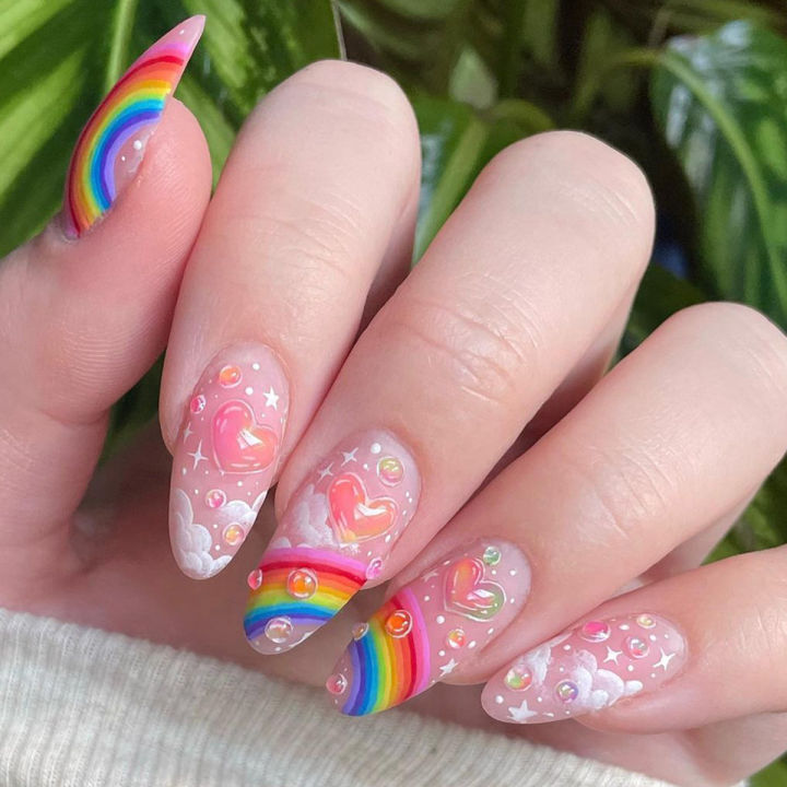 24Pcs Pink French False Nails Rainbow Cloud Design Full Cover Nail Tips Summer Long Almond Nails Almond Press on Nails