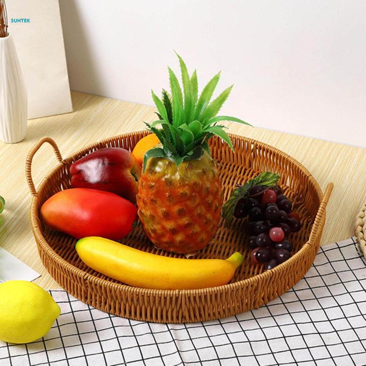 Woven Serving Tray Holder with Handles Kitchen Tray PP Material Rattan for Home Kitchen Bakery Household Decoration Brown Bread Storage Tray