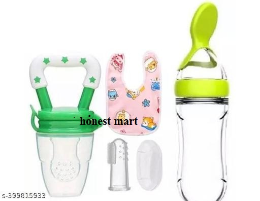 Baby fruit nibbler, finger brush, bibs & spoon feeder for feeding silicone combo