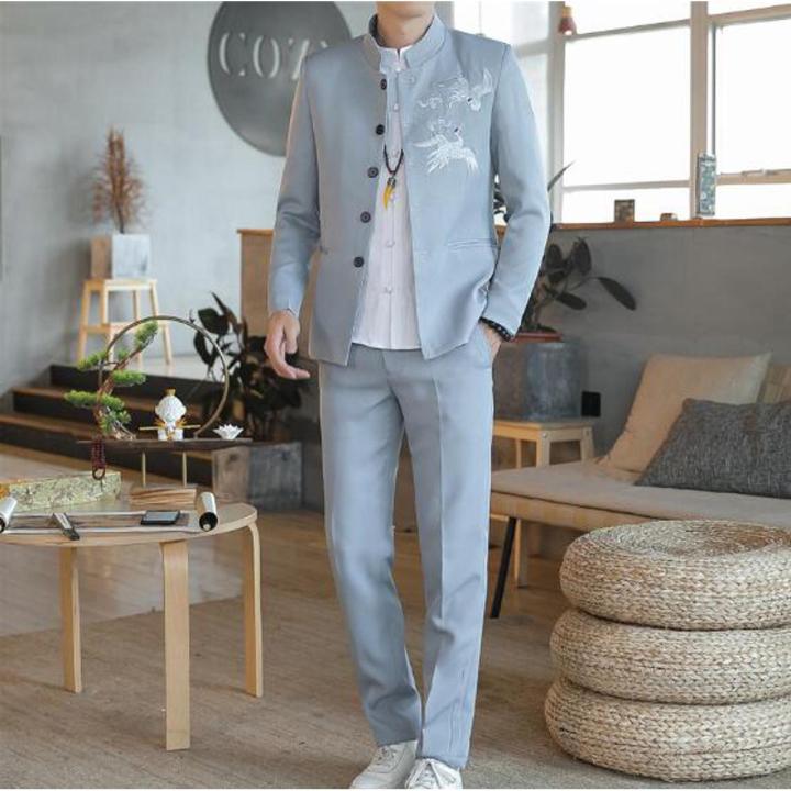 Men Suit Coat Vest Pants Fashion Chinese Retro Style Wedding Groom Suit Stand Collar Classic Terno Masculino Business Blazers