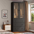 Modern Armoire 2 in 1 wardrobe — Black 2 Door Fluted Glass Hanging Road with 3 Drawer Storage Wardrobe, 2 Part Glass Almirah Hanging Road with Srorage Drawer Almari.