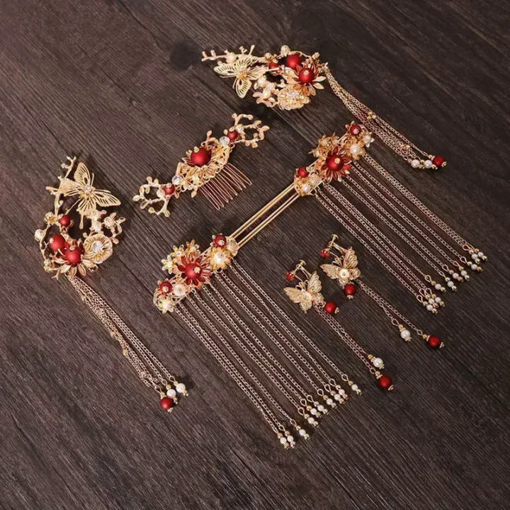 Ancient Chinese Style Women Long Tassel Step Shake Flowerpin Clip Hair Comb Earring Jewelry Bridal Headpiece Pin Accessore ie
