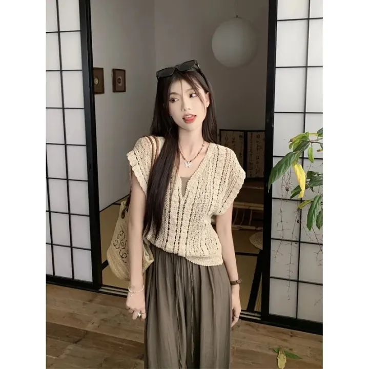 Three-Piece%20Women's%20Clothing%20Summer2023New%20Crocheted%20Hollow-out%20Knitted%20Vest%20Outer%20Wear%20Bandage%20Dress%20Vest%20Casual%20Wide-Leg%20Pants%20-%20Image%208