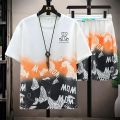 Multicolor Gradint T-shirt and 2 Quarter Pants for Man Orenge Color. 