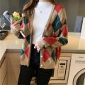2021 Early Autumn New Color-Blocking Diamond-Shaped Top V Collar Sweater Loose Knitted Winter Coat Women's Cardigan. 