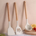 High-Quality Silicone Kitchen Utensils Set with Wooden Handle for Frying, Omelet, Cooking, and Serving. 