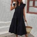Women Summer Dress A-line Patchwork Big Hem Lady Dress Flying Sleeves Ruffle Pleated Vacation Beach Midi Dress. 