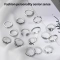 New Style Gossip Snake Leaf Flower Heart Butterfly Pearl Chain Oil Dripping Joint Ring Set Personality Retro Trend Ring.