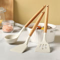 High-Quality Silicone Kitchen Utensils Set with Wooden Handle for Frying, Omelet, Cooking, and Serving. 