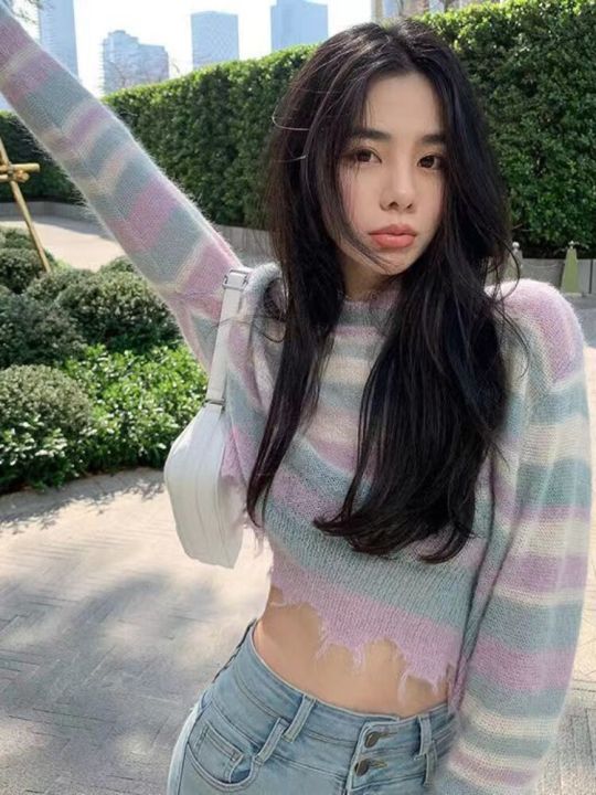 KOSAHIKI%202023%20Korean%20Fashion%20Loose%20Thin%20Knitted%20Pullover%20Women%20Rainbow%20Striped%20Cropped%20Sweater%20Ripped%20Y2k%20Harajuku%20Streetwear%20-%20Image%207