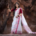 Half Silk Tangail Saree - White color saree with Red Par - Perfect For All Seasons and Occasions. 