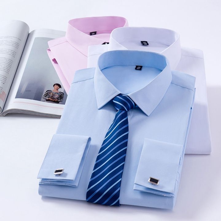 Solid%20Mens%20Classic%20French%20Cuffs%20Dress%20Shirt%20Long%20Sleeve%20Covered%20Placket%20Formal%20Business%20Standard-fit%20Design%20Wedding%20White%20Shirts%20-%20Image%204