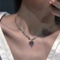 Korean Fashion Purple Crystal Heart Pendant Necklace For Women Black Crystal Egirl Cool Clavicle Chain Y2k Aesthetic Jewery Part. 