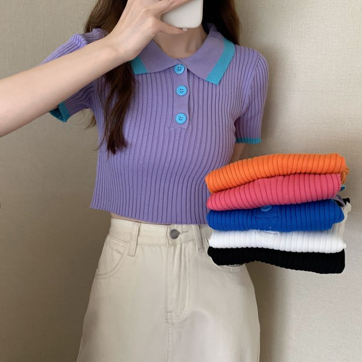 Knitted sweater for women, short-sleeved summer polo shirt with lapel for small people, slim fit, navel-baring short fashion high-waisted top