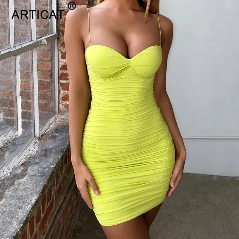 neon yellow bodycon dress Neon Yellow Ruffled Body Slit Bodycon Midi Dress - SASSAFRAS