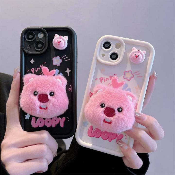 Phone Case For Oppo A16 A17 A53 A55 A18 A38 A76 A74 A12 A54s A1k A77 A95 A3s A5s A16s A31 A52 A16K A96 A17k A9 A16E A77s Casing Cute Pink 3D Plushie Doll Loopy Cartoon Korean Silicone Fashion Cover Soft Shockproof Couple
