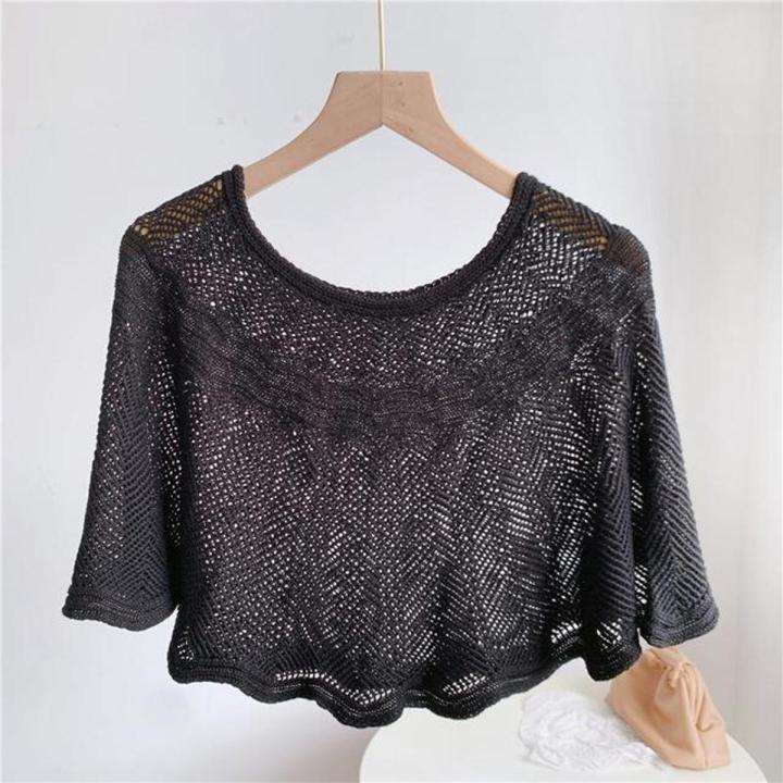 Fashion New Short Summer Ice Silk Knitted Hollow Shawl Sun Protection Elegant Air Conditioning Neck Shoulder Protection Outdoor Fashion