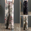 ZANZEA Women Retro Elastic Waist Floral Printed Trousers Wide Leg Casual Baggy Pants.