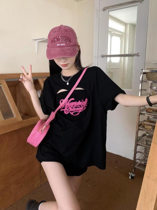 Calolay%20Sweet%20Hot%20Girl%20Hollow%20Heart%20Short%20SleeveTT-shirt%20Women's2022Summer%20New%20Korean%20Style%20Mid-Length%20Loose%20Top%20-%20Image%204
