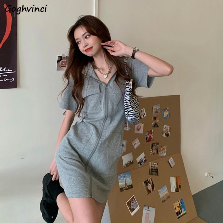 Short%20Sleeve%20Dress%20Women%20Zipper%20Pocket%20Hooded%20Stylish%20Solid%20Dresses%20Korean-style%20Street-wear%20Girls%20Loose%20Casual%20Fashion%20Ulzzang%20-%20Image%203