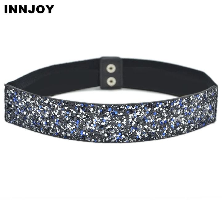 【beauty code store】2020 New Fashion Belt Waist Chain Rhinestones Crystal Metal Button Elastic Band Luxury Wide Party Belt