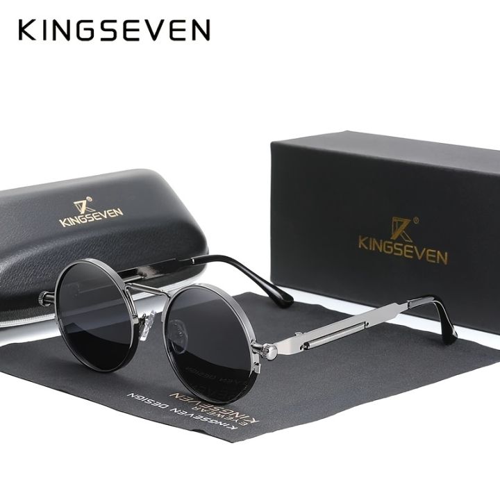KINGSEVEN, Gothic Steampunk Round Metal Frame Polarized Sunglasses, With Spring Bridge & Temples, For Men Women Outdoor Sports Party Vacation Travel Driving Fishing Supplies Photo Props