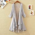 Color Sun Protection Clothing 3 Lace Stitching Summer Mid-Length Cardigan 6 Cotton and Linen Women's Air Conditioning Shirt Thin Coat 3/4 Sleeve Size Shawl. 