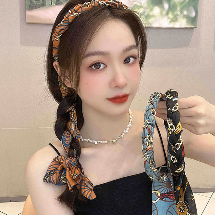 Long Ribbon Chain Hair Hoop Elegant Ponytail Holder Cloth Silk