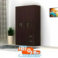 Coffee Color Partex MDF Laminated Board 3 Doors Almirah with inner locker drawer, Clothe storage hanger shelf with extra 2 Large drawer by Nice Shop 3 part Almirah 72/48. 