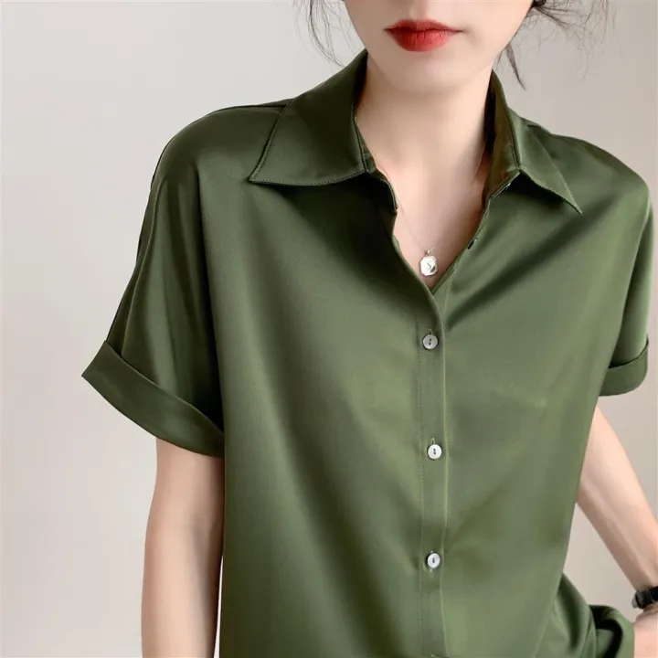 Shirt%20Women's%20Summer%20Satin2023New%20Interview%20Formal%20Wear%20Shirt%20Green%20Retro%20Hong%20Kong%20Style%20Drape%20Top%20-%20Image%205