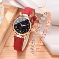 2pcs Luxury Fashion Women Watch Set Colourful PU Leather Strap Ladies Quartz Wristwatch Alloy Bracelet For Ladies Gift. 