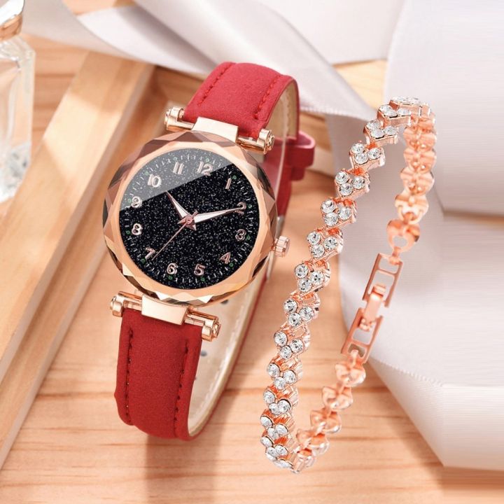 2pcs%20Luxury%20Fashion%20Women%20Watch%20Set%20Colourful%20PU%20Leather%20Strap%20Ladies%20Quartz%20Wristwatch%20Alloy%20Bracelet%20For%20Ladies%20Gift%20-%20Image%203