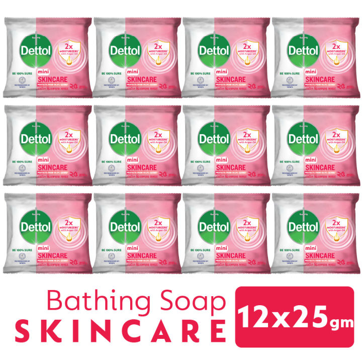 Dettol Mini Soap Skincare Pack of 12 (25gm x 12pcs) 300gm Bathing Bar, Soap with Moisturizers