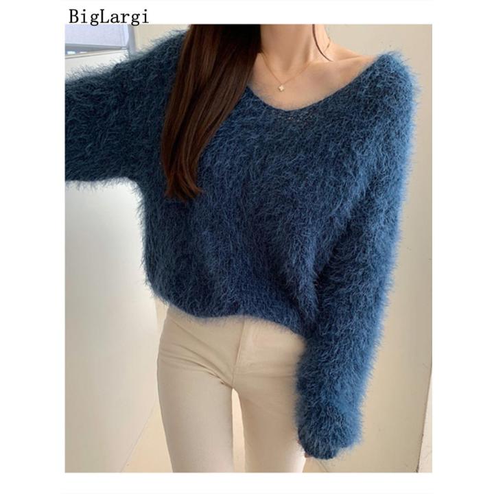 Lantern Sleeve Knitted Mohair Sweater Women Pullover Lazy Oaf Ladies Jumpers Tops Femme Korean Casual 2022 Autumn Pull Femme