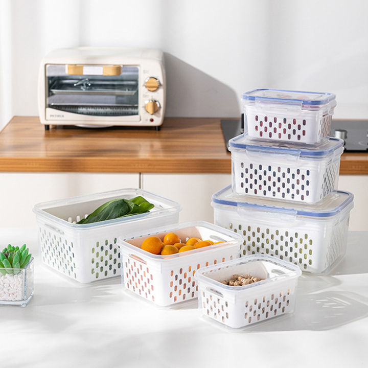 Kitchen Refrigerator Storage Box Sealed Food Organizer Ginger Garlic Onion Container with Removable Drain Plate