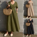 ZANZEA Korean Style Women Fashion Round Neck A-Line Dresses Holiday Party Club Solid Dress #10. 
